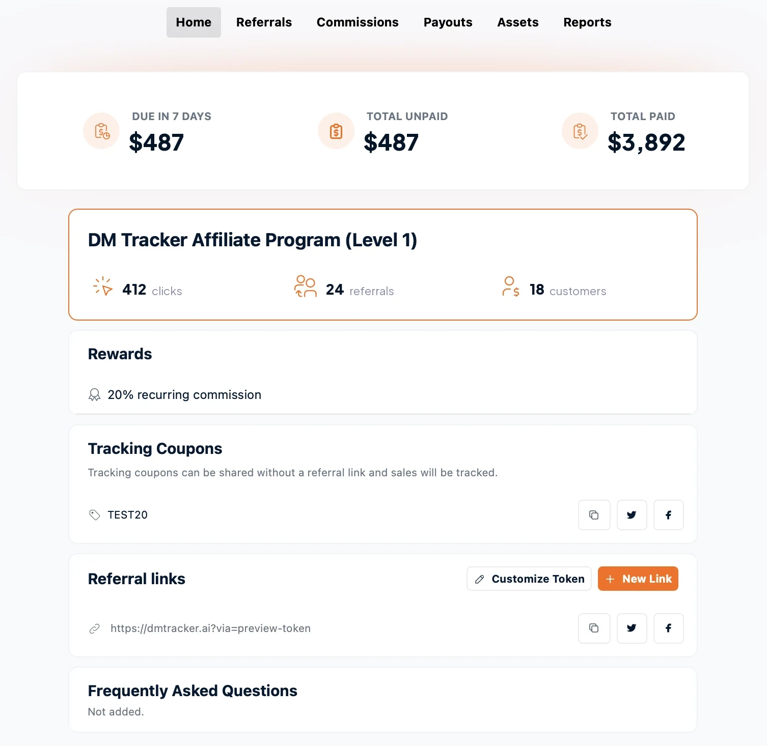 DM Tracker affiliate dashboard: earnings, referrals, commissions, payout history